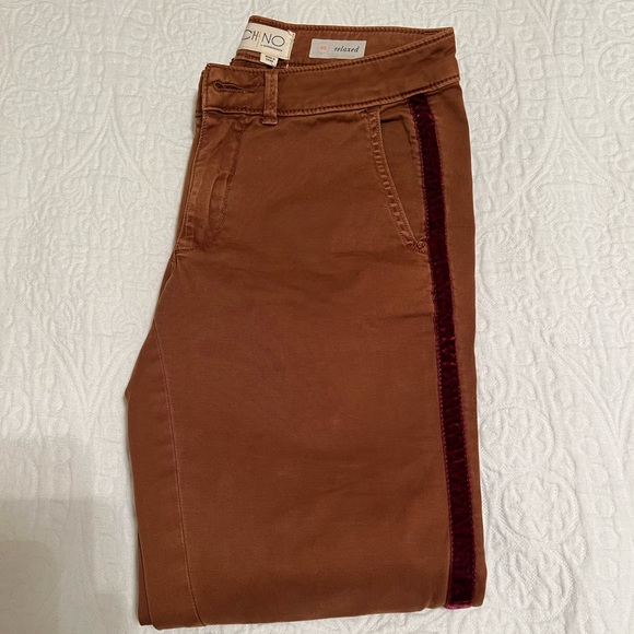 Beautiful brownish chinos with a velvet burgundy ribbon down the side - Picture 1 of 4